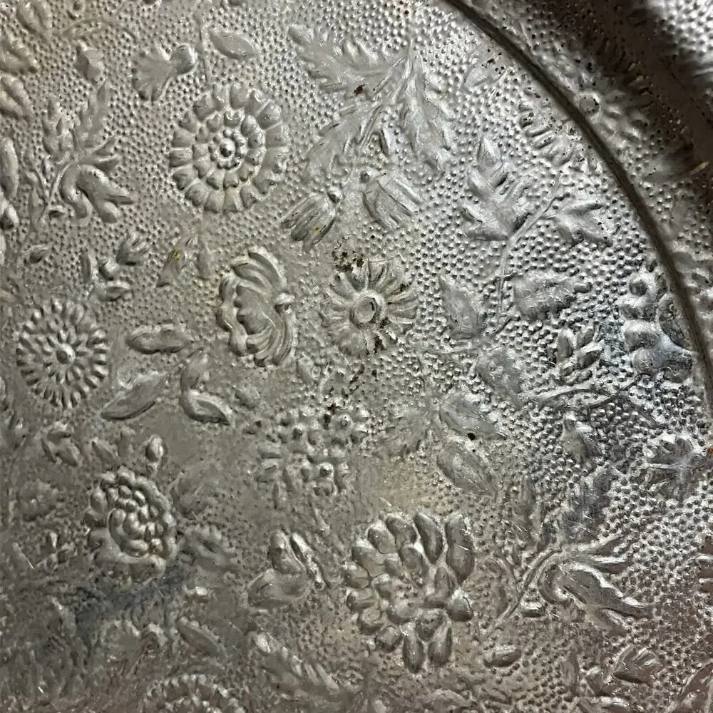 Textured Tea Tin Round Platter Tray Silver Tone 13in Vintage Floral Relief